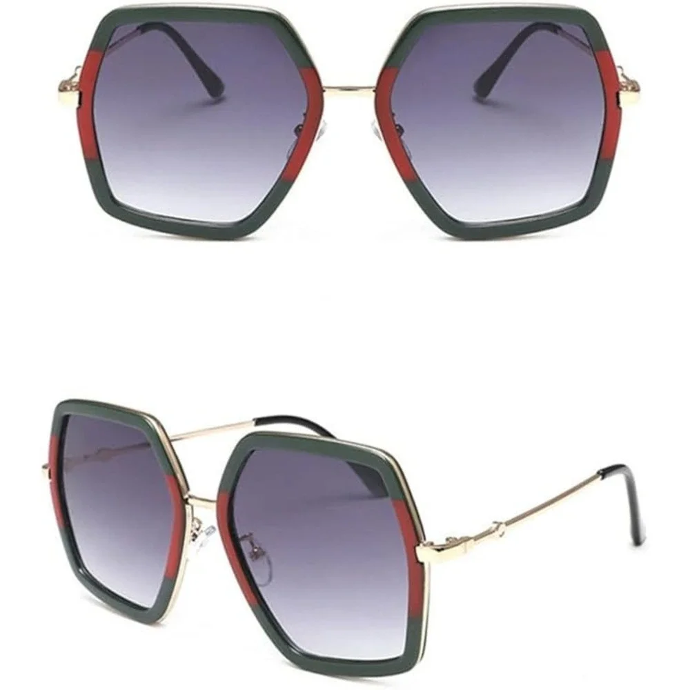 Women Oversized Hexagonal Sunglasses Green Red Stripe Gold Frame UV400 Gradient‎